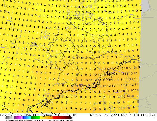 Geop./Temp. 850 hPa ICON-D2 lun 06.05.2024 09 UTC