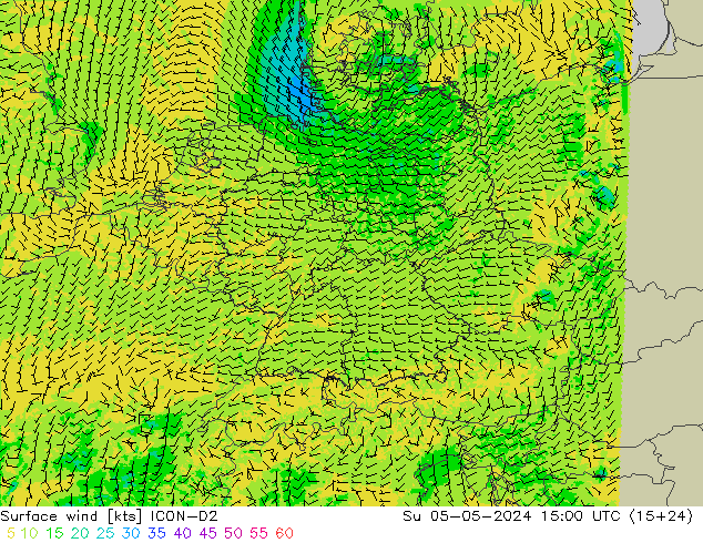 Surface wind ICON-D2 Su 05.05.2024 15 UTC