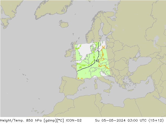 Géop./Temp. 850 hPa ICON-D2 dim 05.05.2024 03 UTC