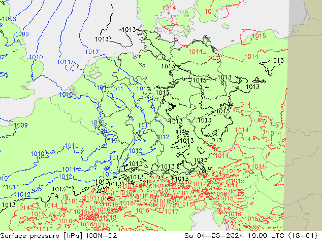 地面气压 ICON-D2 星期六 04.05.2024 19 UTC
