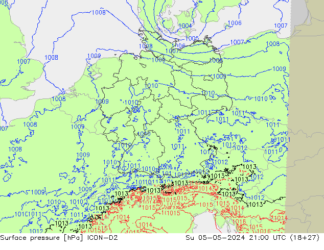 Atmosférický tlak ICON-D2 Ne 05.05.2024 21 UTC