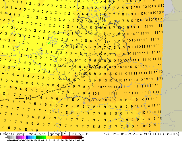 Height/Temp. 850 гПа ICON-D2 Вс 05.05.2024 00 UTC
