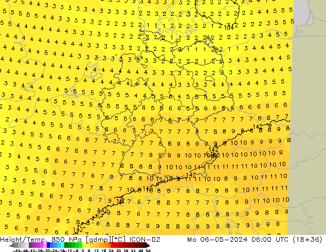 Géop./Temp. 850 hPa ICON-D2 lun 06.05.2024 06 UTC