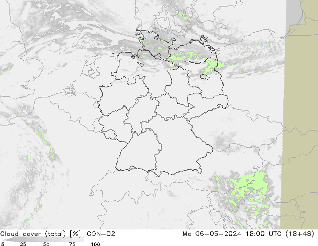 Cloud cover (total) ICON-D2 Mo 06.05.2024 18 UTC