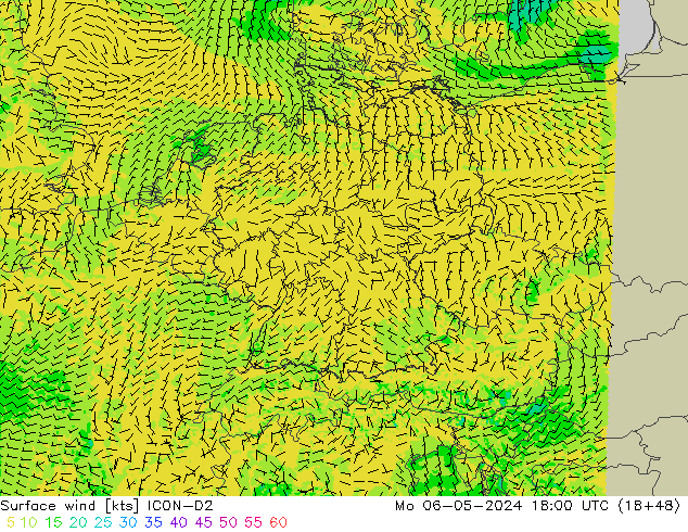 Surface wind ICON-D2 Po 06.05.2024 18 UTC