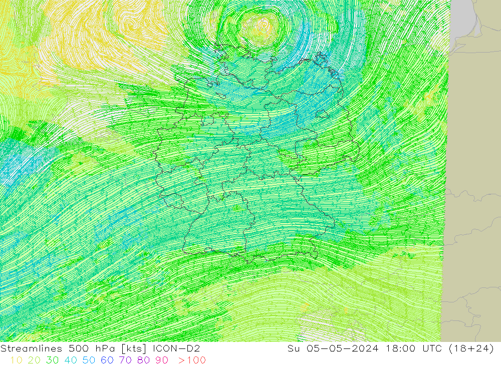 Streamlines 500 hPa ICON-D2 Su 05.05.2024 18 UTC