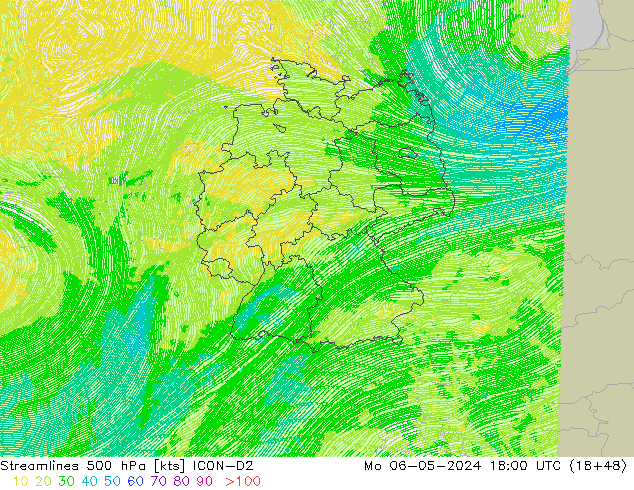 Streamlines 500 hPa ICON-D2 Po 06.05.2024 18 UTC