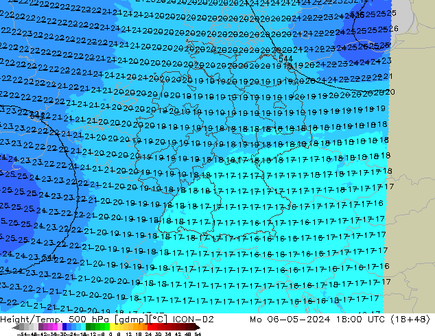 Height/Temp. 500 hPa ICON-D2 Mo 06.05.2024 18 UTC