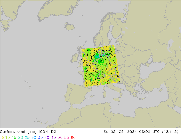 Wind 10 m ICON-D2 zo 05.05.2024 06 UTC