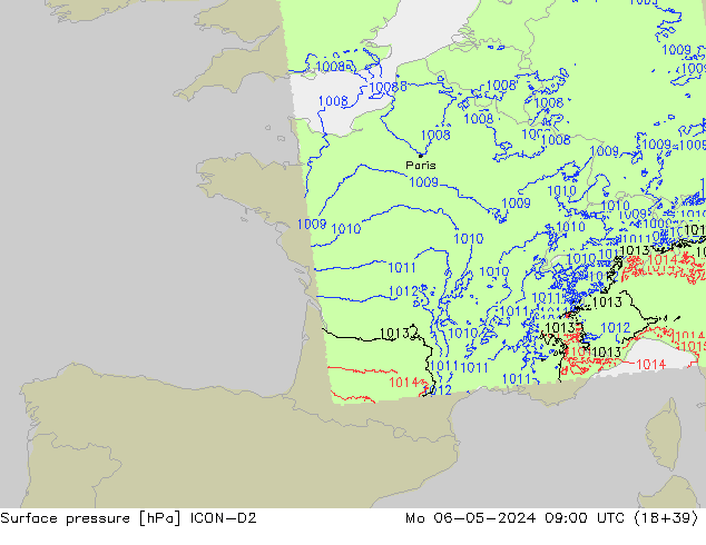 Pressione al suolo ICON-D2 lun 06.05.2024 09 UTC