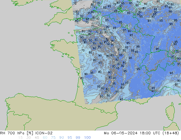 Humidité rel. 700 hPa ICON-D2 lun 06.05.2024 18 UTC