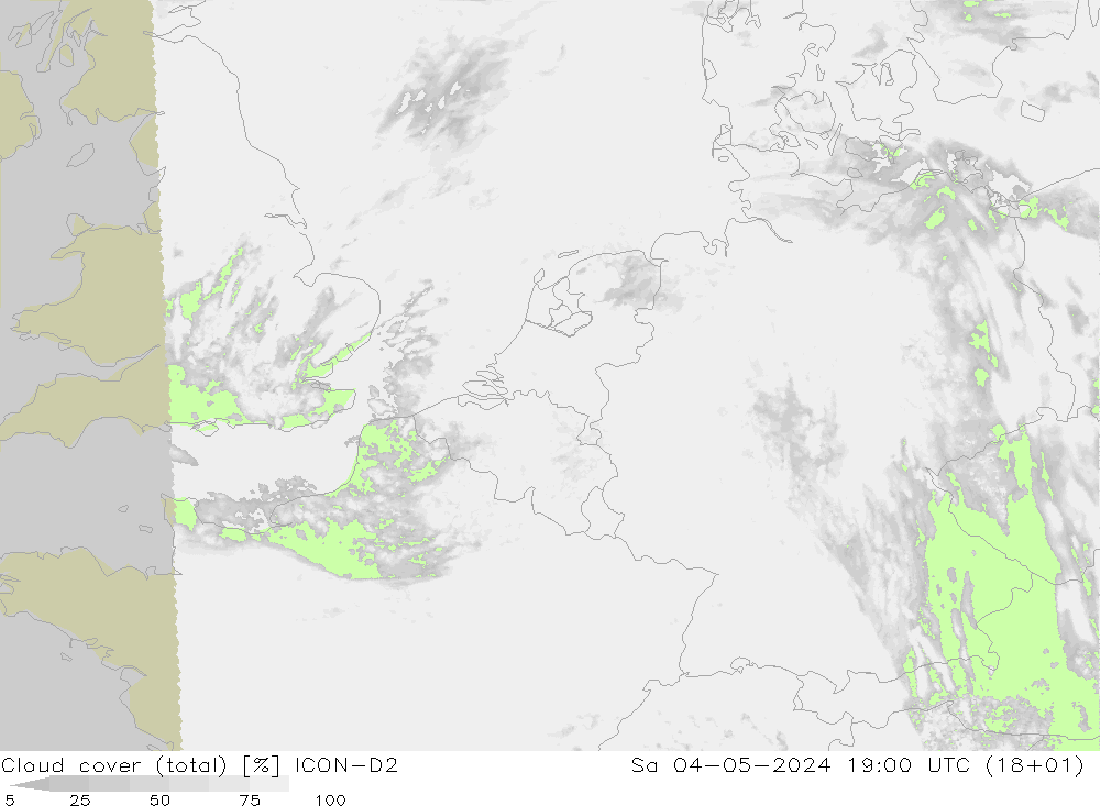 Bewolking (Totaal) ICON-D2 za 04.05.2024 19 UTC