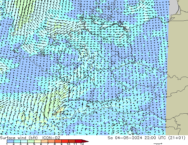 Surface wind (bft) ICON-D2 Sa 04.05.2024 22 UTC