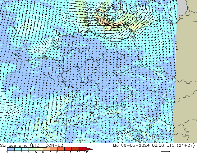 Surface wind (bft) ICON-D2 Mo 06.05.2024 00 UTC