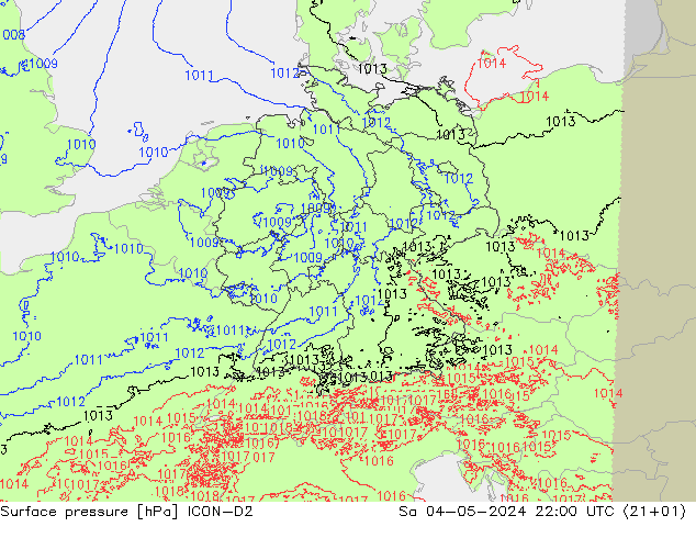 Surface pressure ICON-D2 Sa 04.05.2024 22 UTC