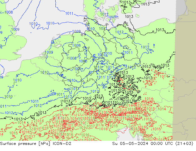 Atmosférický tlak ICON-D2 Ne 05.05.2024 00 UTC