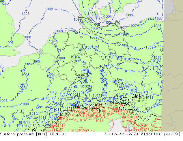 Presión superficial ICON-D2 dom 05.05.2024 21 UTC