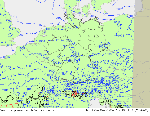Atmosférický tlak ICON-D2 Po 06.05.2024 15 UTC