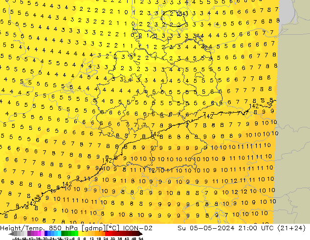 Height/Temp. 850 hPa ICON-D2 星期日 05.05.2024 21 UTC
