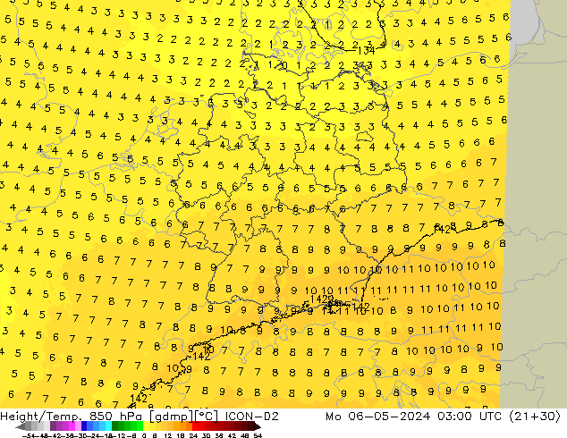 Geop./Temp. 850 hPa ICON-D2 lun 06.05.2024 03 UTC