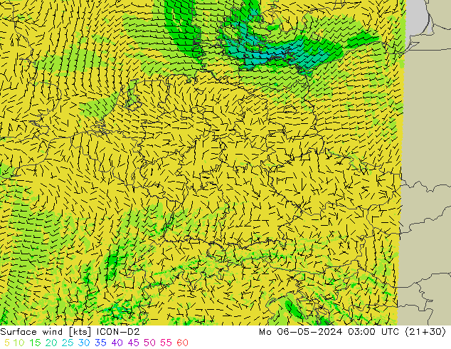 Vento 10 m ICON-D2 lun 06.05.2024 03 UTC