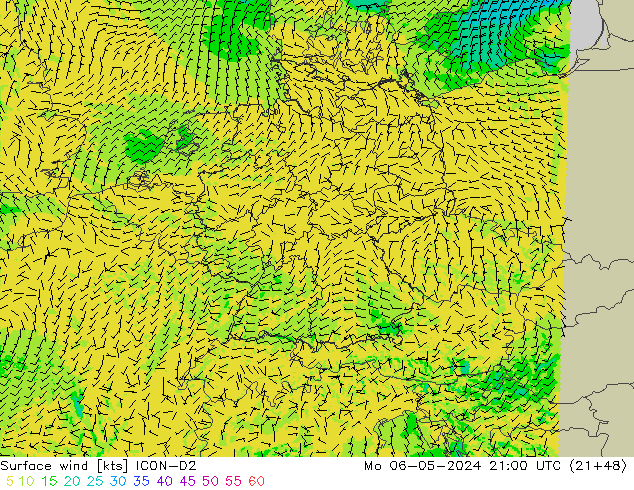 Wind 10 m ICON-D2 ma 06.05.2024 21 UTC