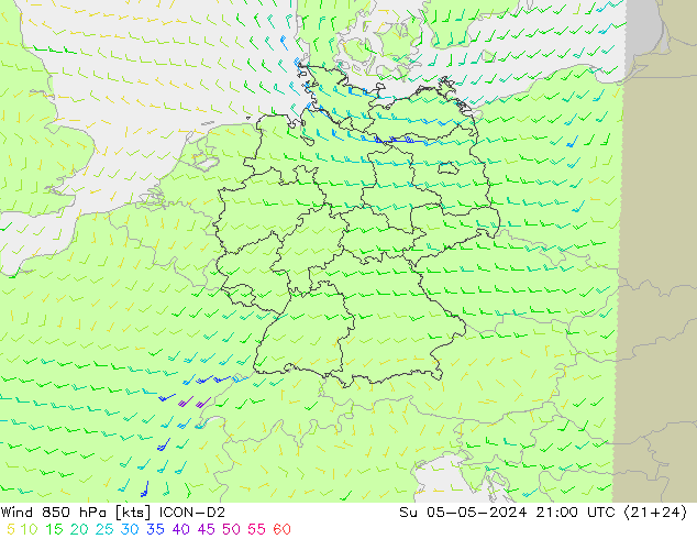 Wind 850 hPa ICON-D2 Ne 05.05.2024 21 UTC