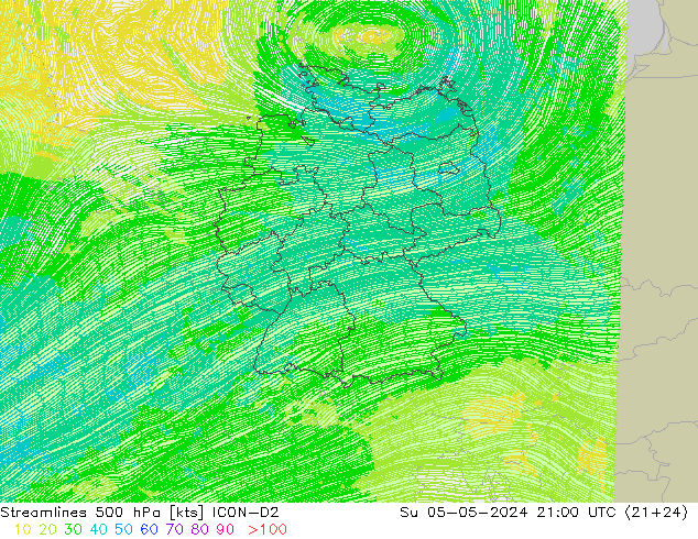 风 500 hPa ICON-D2 星期日 05.05.2024 21 UTC