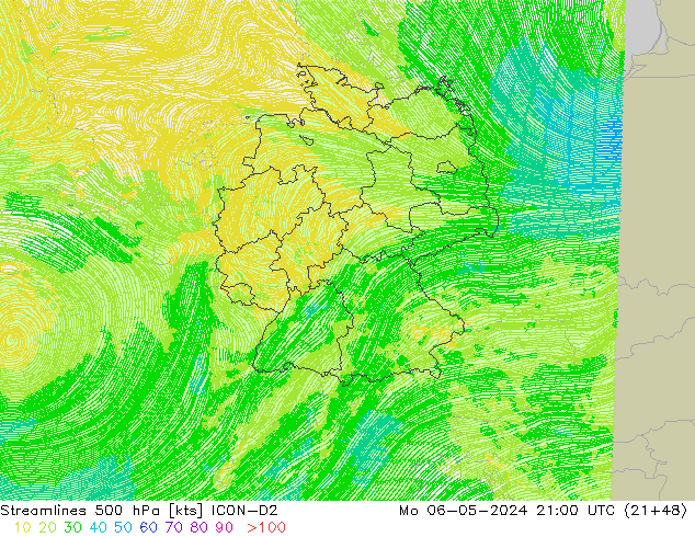 Linea di flusso 500 hPa ICON-D2 lun 06.05.2024 21 UTC