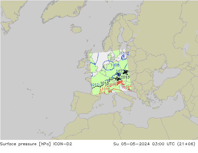 Presión superficial ICON-D2 dom 05.05.2024 03 UTC