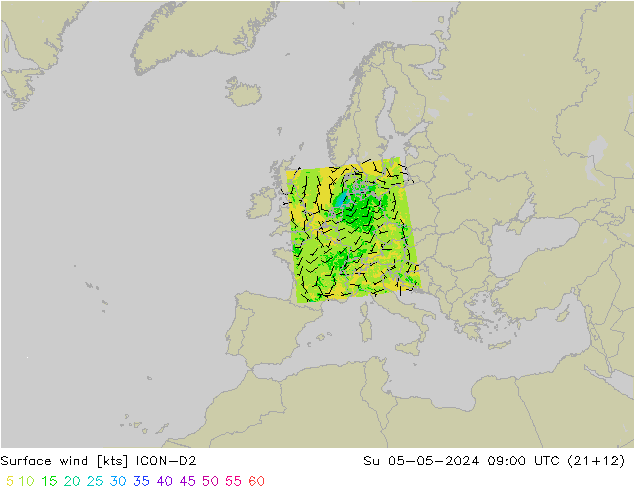 Surface wind ICON-D2 Ne 05.05.2024 09 UTC