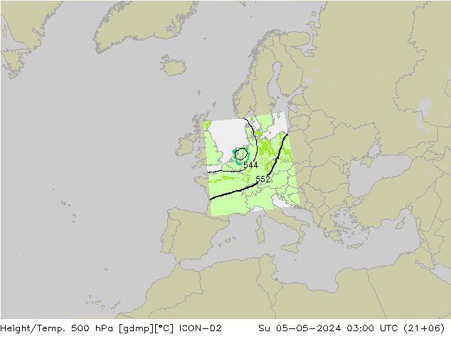 Height/Temp. 500 hPa ICON-D2 Su 05.05.2024 03 UTC