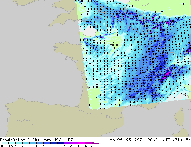 Precipitation (12h) ICON-D2 Po 06.05.2024 21 UTC