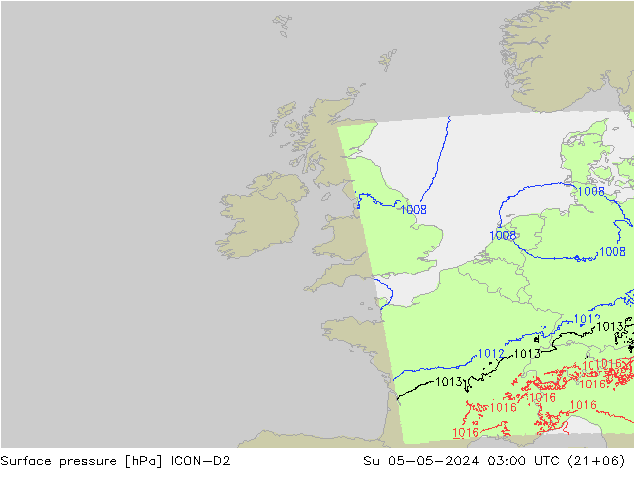 Pressione al suolo ICON-D2 dom 05.05.2024 03 UTC