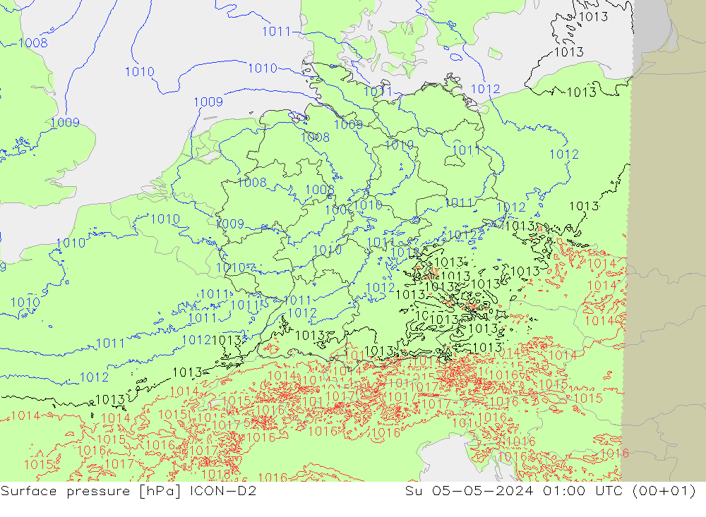 Presión superficial ICON-D2 dom 05.05.2024 01 UTC