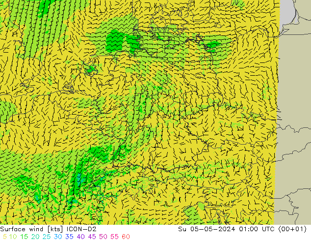 Surface wind ICON-D2 Su 05.05.2024 01 UTC