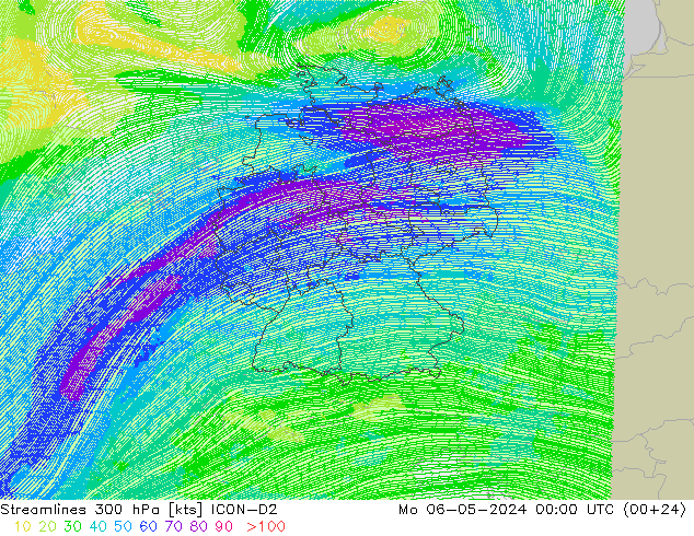 风 300 hPa ICON-D2 星期一 06.05.2024 00 UTC