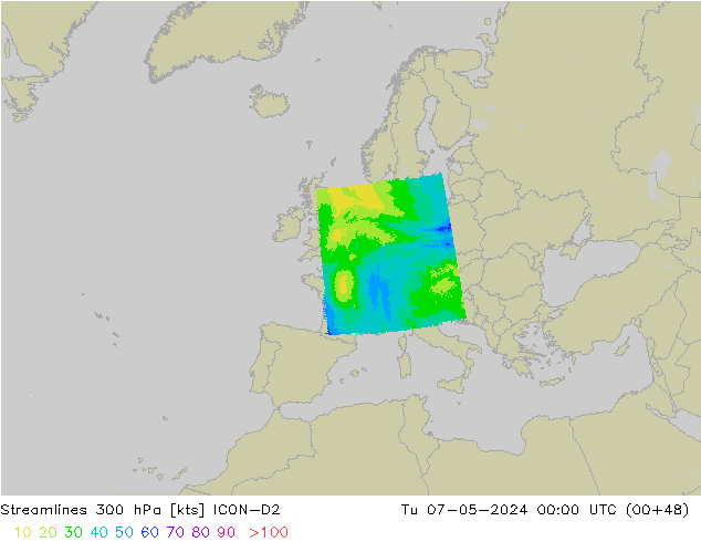 Linea di flusso 300 hPa ICON-D2 mar 07.05.2024 00 UTC