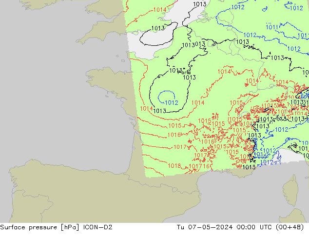 Presión superficial ICON-D2 mar 07.05.2024 00 UTC