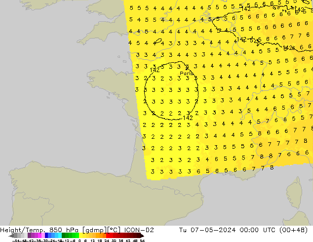 Hoogte/Temp. 850 hPa ICON-D2 di 07.05.2024 00 UTC