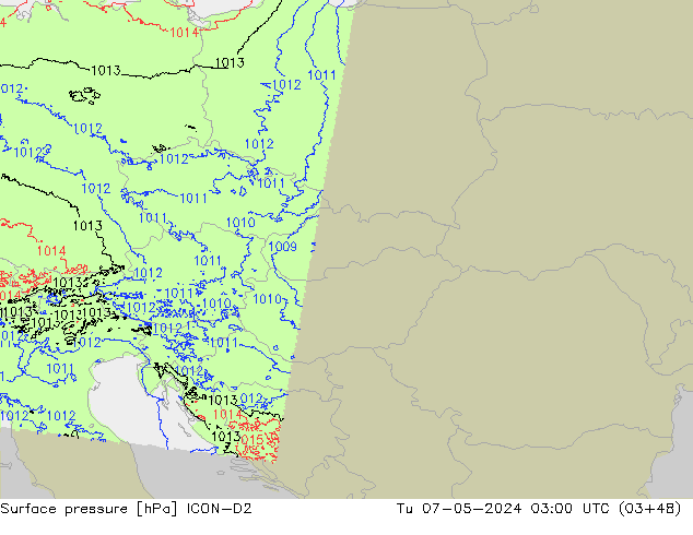 Pressione al suolo ICON-D2 mar 07.05.2024 03 UTC