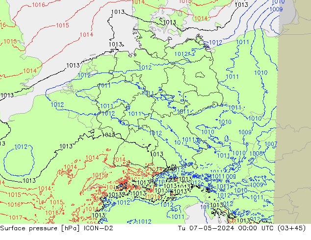 Presión superficial ICON-D2 mar 07.05.2024 00 UTC