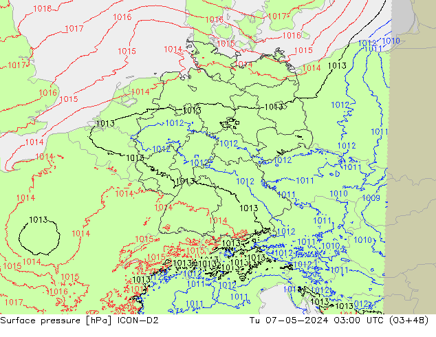 Surface pressure ICON-D2 Tu 07.05.2024 03 UTC