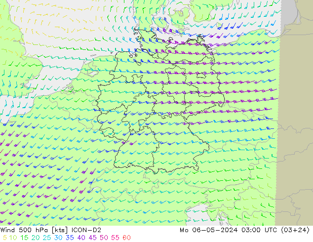 风 500 hPa ICON-D2 星期一 06.05.2024 03 UTC
