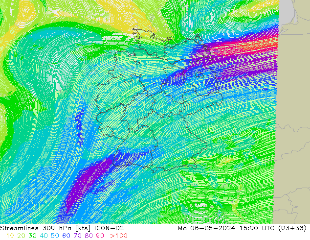 Linea di flusso 300 hPa ICON-D2 lun 06.05.2024 15 UTC