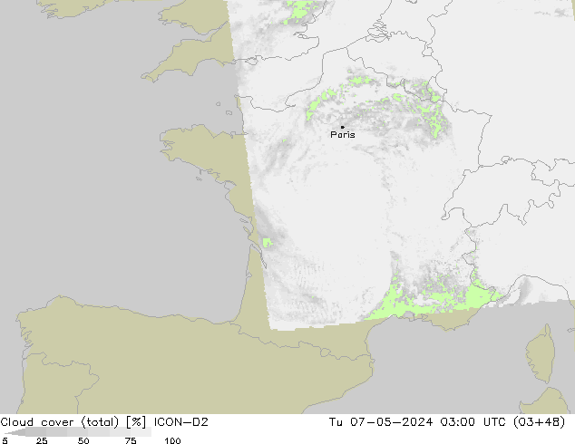 Cloud cover (total) ICON-D2 Út 07.05.2024 03 UTC