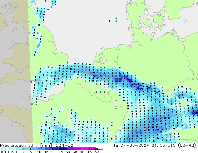 Precipitation (6h) ICON-D2 Tu 07.05.2024 03 UTC