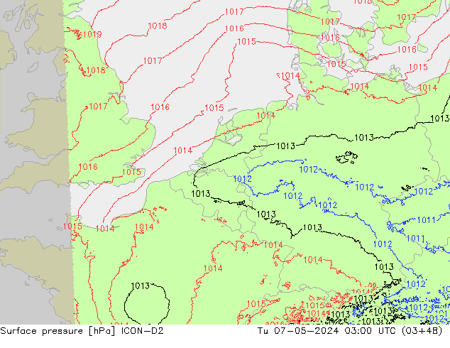 Pressione al suolo ICON-D2 mar 07.05.2024 03 UTC