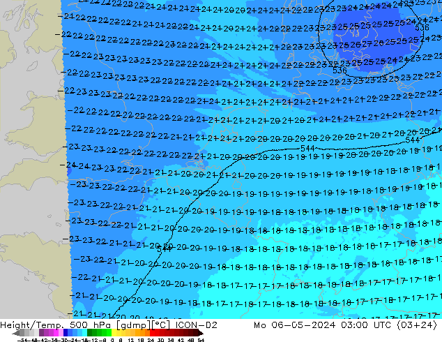 Height/Temp. 500 hPa ICON-D2 Mo 06.05.2024 03 UTC