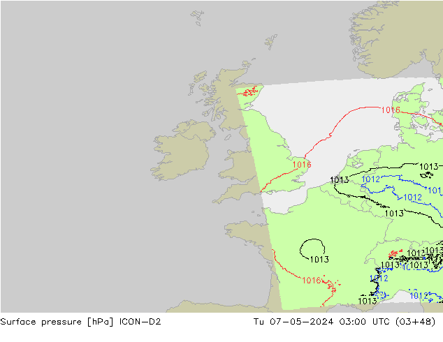 Surface pressure ICON-D2 Tu 07.05.2024 03 UTC